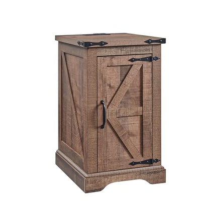 Farmhouse 17" Nightstand with Charging Station, Light Brown | Rectangular/ Rustic End Table with Barn Door /Adjustable Shelf/ Wood Sofa Side Table/ for Living Room, Bedroom - color: Light Brown Color