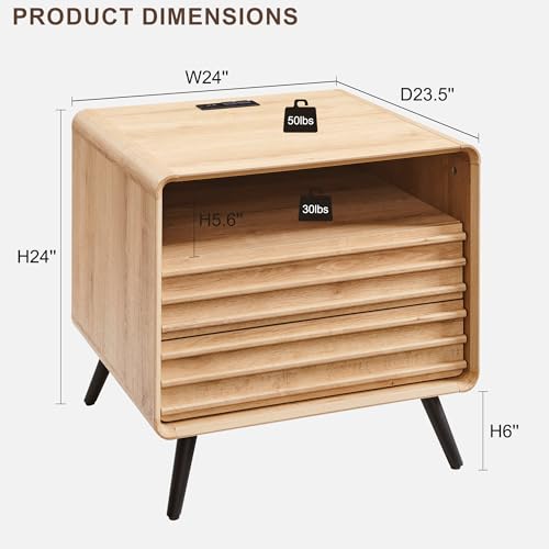 RedLemon 24" Fluted Nightstand with Charge Station, 2 Drawers, Oak | Mid Century Modern, 2 Drawers & Open Cubby Storage, P2 Engineered Wood, Smooth Slides, Easy Assembly, Charge Station