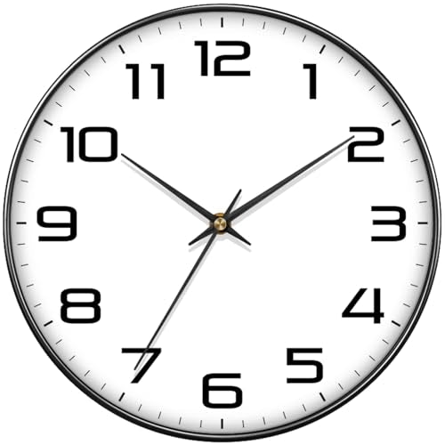 Silent Wall Clock with Extra Large Numbers - 10 Inch Modern Battery Operated Analog Clock, Tempered Glass, Non-Ticking Wall Clocks for Living Room, Bedroom, Kitchen, Office, Classroom, Black - color: White Black, size: 10 Inch