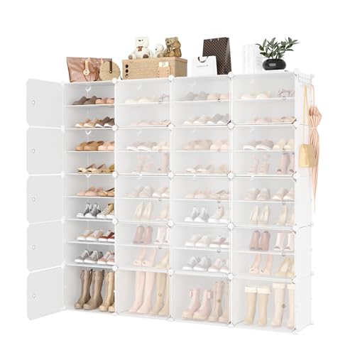 Portable Shoe Rack Organizer with Door, 80 Pairs Shoe Storage Cabinet Easy Assembly, Plastic Adjustable Shoe Storage Organizer Stackable Detachable Free Standing DIY Expandable 10 Tier White - color: White, size: 64" Wide-80 Pairs
