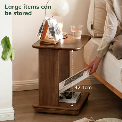 100% Solid Wood C-Shaped End Table for Couch, Rolling Side Table with Wheels, C Table for Small Space, Living Room, Bedroom, Walnut Finish, 19.69" H - color: Walnut-19.69"h