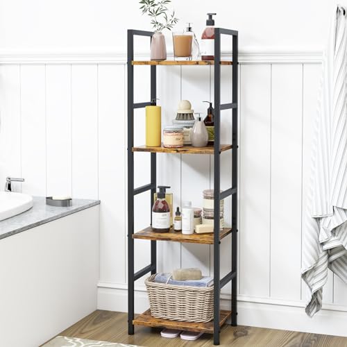 4 Tier Bookshelf, Narrow Storage Organizer for Small Space, Brown | Heavy-duty steel frame, 4 open shelves, Anti-slip feet, Easy assembly, Industrial Storage for Living room, Bedroom - size: 4 Tier