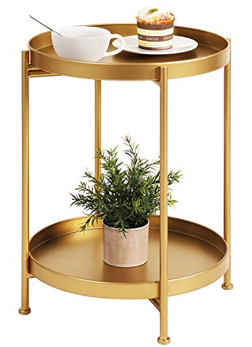 Gold Round End Table, 2-Tier Metal Side Table, Accent Nightstand | Compact Footprint, Upper and Lower Surfaces Keep Lamps, Books and Decor Close Beside Sofas, Beds or Chairs - color: Teatable-gold