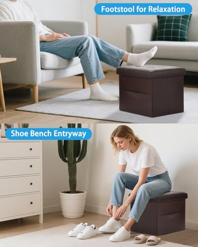 Ottoman with Storage,17 Inch Leather Folding Foot Rest Stool,Brown | Small Ottoman with Side Pockets, Thicker Foam Padded Seat, 17 * 13 * 13 Inch, Livingroom, Dorm, Bedroom, Entryway - color: Brown
