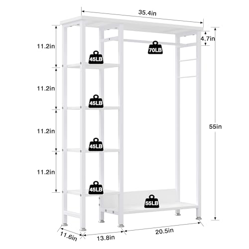VECELO Open Garment Clothing Rack, Free-Standing Heavy Duty Storage Closet with 5 Shelves and Hanging Rod for Small Spaces, Max Load 350LBS, White - color: White