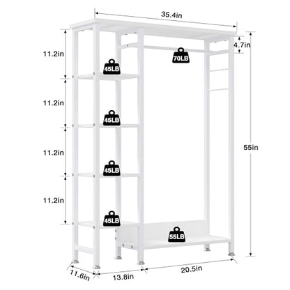 VECELO Open Garment Clothing Rack, Free-Standing Heavy Duty Storage Closet with 5 Shelves and Hanging Rod for Small Spaces, Max Load 350LBS, White - color: White