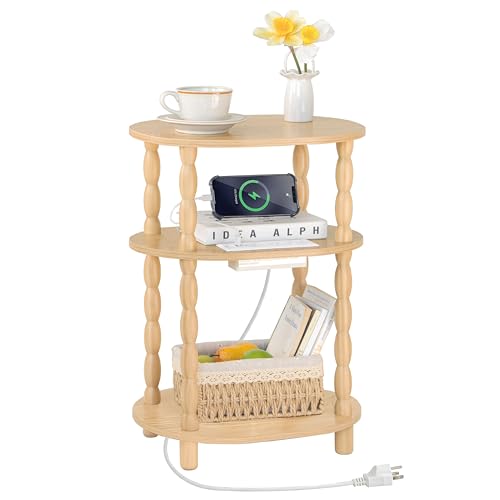 MaxSmeo End Table with Charging Station, Small Oval Side Table for Small Spaces, Modern Accent Table Night Stand with Charging Station for Living Room, Bedroom, Natural - color: Natural Charging Station