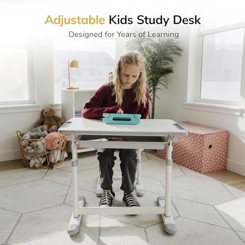 Mount-It! Kids Desk and Chair Set Height Adjustable up to 30" Ergonomic for School - Table and Chairs for Student 26" x 18" Tabletop with Pencil Drawer, 3-10 Age Children, Grey - color: Grey