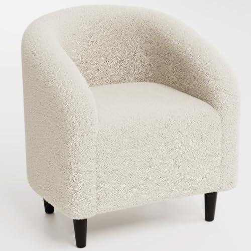 TLSUNNY Accent Chair, Upholstered Comfy Teddy Fabric Barrel Chair | Modern Furry Barrel Chair with a Side Pocket, Club Armchair for Living Room/Bedroom/Reception Room - color: Beige