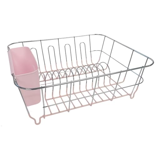Dish Drying Rack & Cutlery Holder 2 Piece Set - Compact Sink-Fitting Dish Drainer with Rubberized Undercoating, Space-Saving Kitchen Organizer for Plates, Cups, Bowls & Utensils in Sink, Pale Pink - color: Pale Pink
