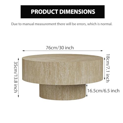 Round Drum Travertine Coffee Table with Pedestal Base | 30'' Modern Travertine Wooden Drum Center Table,Travertine Finish Drum Shape, Wooden Structure, For Living Room & Apartment - color: Travertine Round