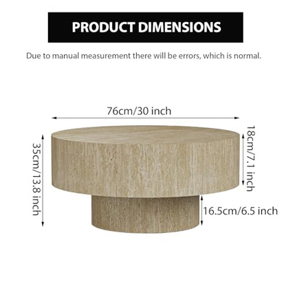 Round Drum Travertine Coffee Table with Pedestal Base | 30'' Modern Travertine Wooden Drum Center Table,Travertine Finish Drum Shape, Wooden Structure, For Living Room & Apartment - color: Travertine Round
