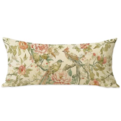 Fahrendom Vintage Floral Bird Lumbar Pillow Cover 14x36 inch | Cottagecore Decorative Throw Pillow Case Watercolor Peony Farmhouse Cushion Cover for Couch Sofa Bed Living Room - color: Vintage Bird Flower, size: 36" x 14" (Pack of 1)
