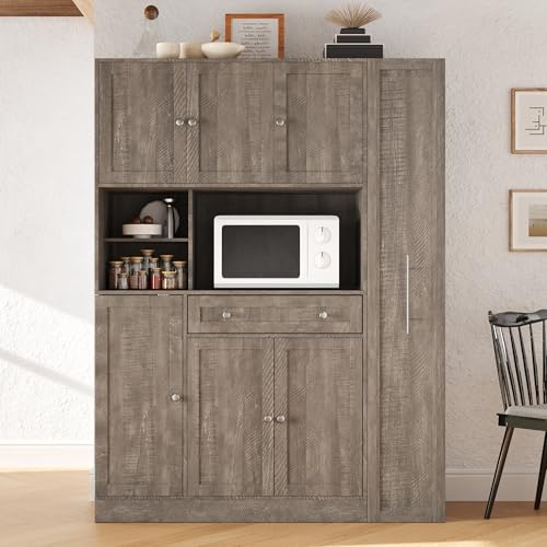 Ball & Cast 70" Farmhouse Kitchen Pantry Cabinet with Hutch, Large Buffet Cabinet with 7-Tier Pull-Out Side Storage, 6 Doors, Drawer, Adjustable Shelves, Freestanding Coffee Bar & Cupboard, Brown - color: Rustic Brown, size: 52.8in W
