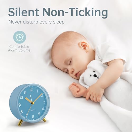 JALL Analog Alarm Clock, 4 inch Super Silent Non Ticking Small Clock with Night Light, Battery Operated, Simple Design, Easy Setting for Office, Bedroom, Bedside, Desk, Teens, Elders, Adult, SkyBlue - color: Skyblue+gold
