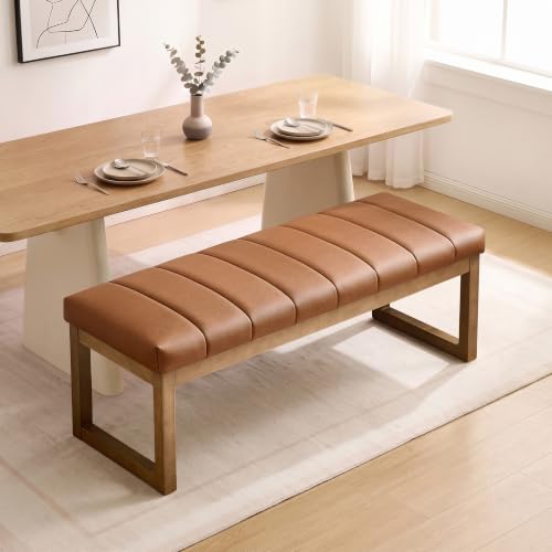 52.7" Bedroom Bench for End of Bed, Faux Leather Entryway Bench (Brown-PU) | Modern Upholstered Dining Bench & Footrest Stool Bench with Solid Wood Frame for Bedroom, Living Room - color: Brown-pu