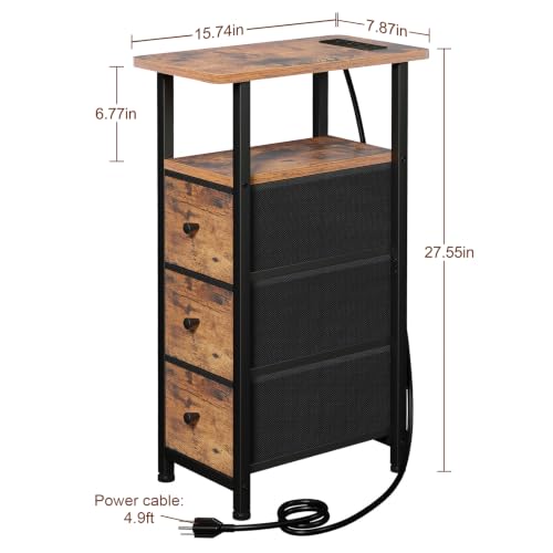 Narrow End Table with Charging Station, Small Nightstand | Skinny Side Tables Living Room with 3 Fabric Drawers, Slim Bedside Table for Bedroom, Small Spaces, Couch, Rustic Brown - color: Rustic Brown + Black, size: 27.55''H (3 Drawers), style: Power