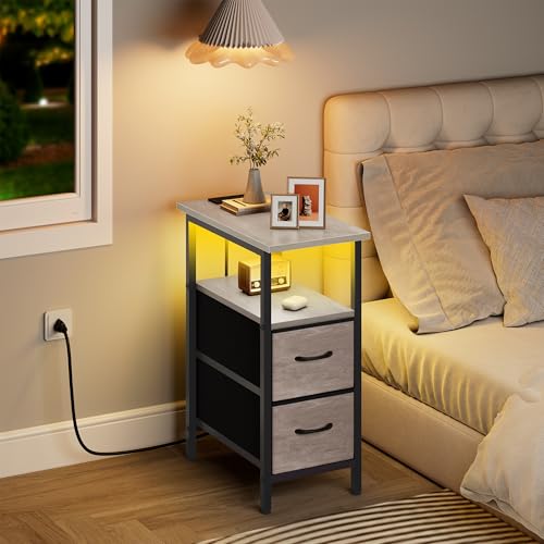 Set of 2 Nightstand with Charging Station and LED Lights, Narrow Side Table, LED Night Stand with 2 Fabric Drawers, Bedside Table Small End Table, Tall Nightstand for Bedroom, Rustic Grey - color: Greige, size: 2, style: With LEDs
