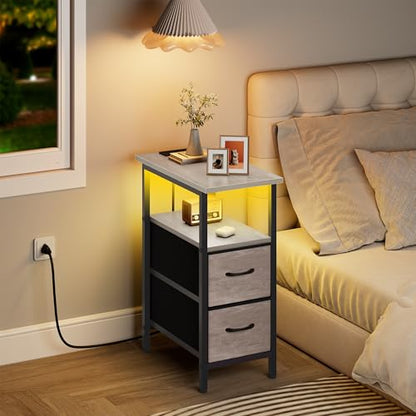 Set of 2 Nightstand with Charging Station and LED Lights, Narrow Side Table, LED Night Stand with 2 Fabric Drawers, Bedside Table Small End Table, Tall Nightstand for Bedroom, Rustic Grey - color: Greige, size: 2, style: With LEDs