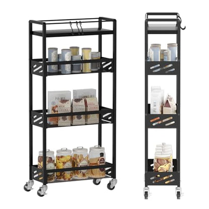 DGSNADGO Slim Rolling Storage Cart, 4-Tier Narrow Kitchen Cart with Wheels | Skinny Rolling Cart, Metal Mobile Snack Shelving, Rolling Spice Rack for Small Space in Kitchen, Living Room,Bathroom, Black - color: Black
