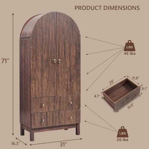 IFGET 71" Tall Arched Pantry Cabinet, Fluted Kitchen Storage Cabinet with Adjustable Shelves and 2 Large Drawers, Freestanding Morden Versatile Cupboard for Living Room, Bathroom, Brown - color: Brown
