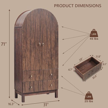 IFGET 71" Tall Arched Pantry Cabinet, Fluted Kitchen Storage Cabinet with Adjustable Shelves and 2 Large Drawers, Freestanding Morden Versatile Cupboard for Living Room, Bathroom, Brown - color: Brown