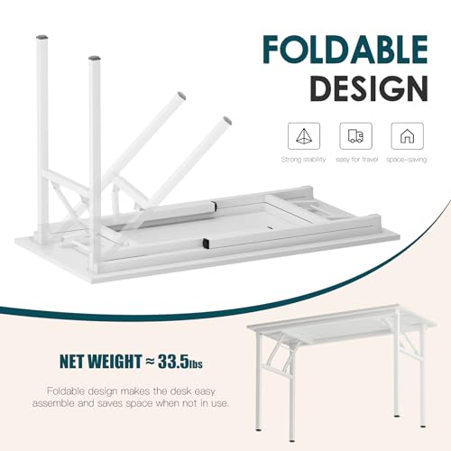 DlandHome 47" Computer Desk with Power Outlets & LED Lights, White, Bedroom | Folding Desk with Monitor Stand, Writing Study Table Gaming Desk, Metal Frame, Fully Assembled, Home Office Small Spaces - color: White + White, size: 47 Inches + Outlets