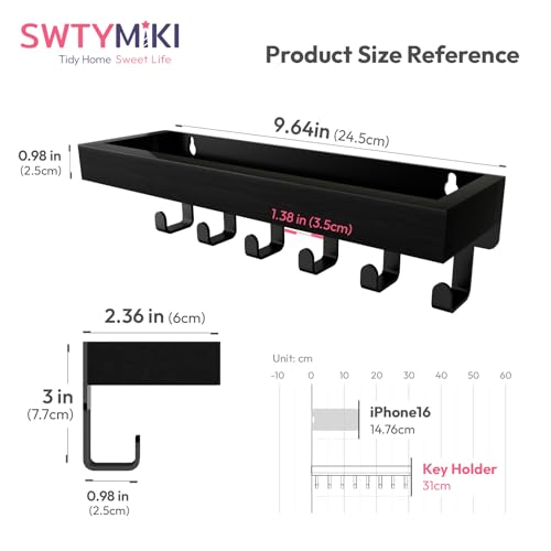 SWTYMIKI Key Holder Wall Mount - Wooden Key Hooks for Wall with Mail Organizer & 6 Hooks, 2 Installation Ways Key Hanger, Key Rack with Shelf for Entryway Living Room Bedroom Office Home Decor Black - color: Black