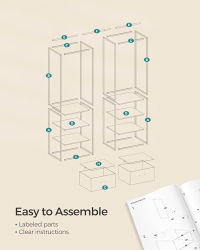 SONGMICS Clothes Rack, 70.9 Inch Wardrobe Freestanding Closet, Heavy Duty Garment Rack with 1 Extendable Hanging Rod, 2 Drawers and 4 Shelves, for Bedroom, Space-Saving, Rustic Brown URGR003B01 | Heavy Duty Garment Rack, 3 Hanging Rods, Space-Saving, for