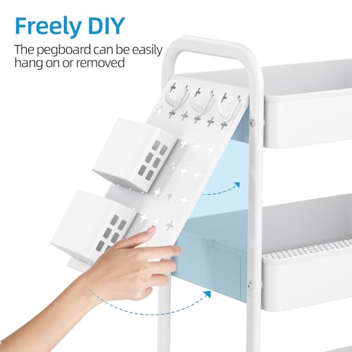 TOOLF Metal Rolling Storage Cart, 3-Tier Utility Mobile Cart with DIY Pegboards, Serving Trolley Cart with Baskets Hooks, for Kitchen, Bathroom, Office, Home, Classroom (Light White) - color: Light White