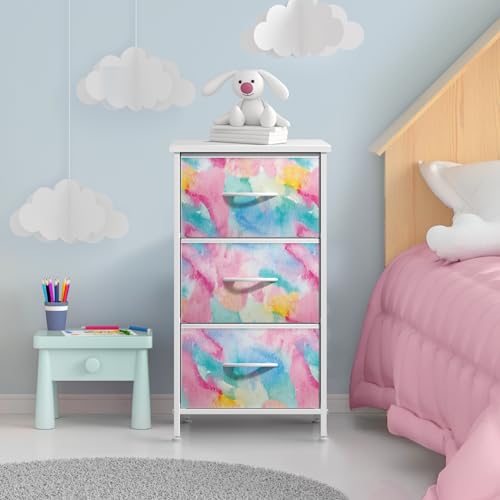 Sorbus Nightstand with 3 Drawers - Bedside Furniture & Accent End Table Chest for Home, Bedroom Accessories, Office, College Dorm, Steel Frame, Wood Top, Pastel Fabric Bins - color: Rainbow Sparkle, style: 3 Drawer