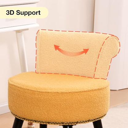 Vanity Chair with Back, Sherpa Stool with Tufted Backrest & Gold Nailhead Trim, Round Vanity Seat for Bedroom and Bathroom Makeup, Support 220lbs, Easy Assembly (Yellow) - color: Yellow