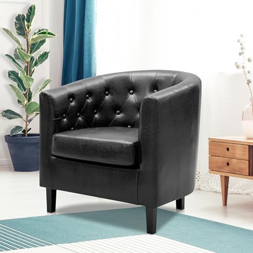 Naomi Home Emma Faux Leather Tufted Barrel Accent Chair - Black | Solid wood frame, sturdy legs and easy-clean faux leather create lasting comfort for living room, bedroom or office. - color: Black, style: Barrel