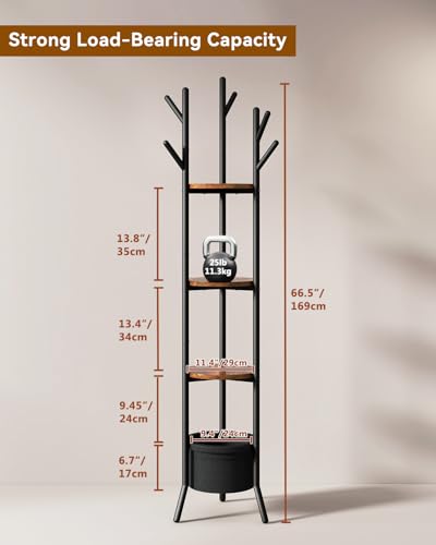 YMYNY Coat Rack, Freestanding Coat Stand with Storage Shelves, Hall Trees with 3 Wooden Shelves and 1 Fabric Basket, Metal Clothes Stand for Hats Bags Hallway Bedroom Rustic Brown UHGR005H - color: Rustic Brown