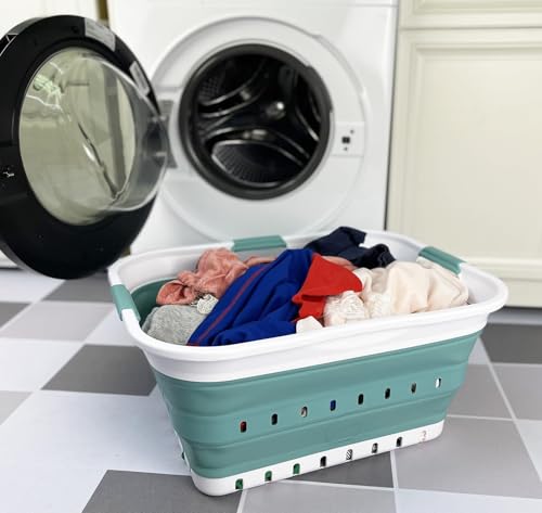 SAMMART 42L (11 gallon) Collapsible Plastic Laundry Basket - Foldable Pop Up Storage Container/Organizer - Space Saving Hamper/Basket (1, White/Celadon Green) - color: White/Celadon Green