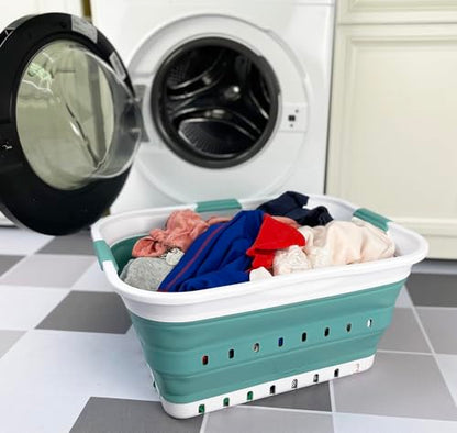 SAMMART 42L (11 gallon) Collapsible Plastic Laundry Basket - Foldable Pop Up Storage Container/Organizer - Space Saving Hamper/Basket (1, White/Celadon Green) - color: White/Celadon Green