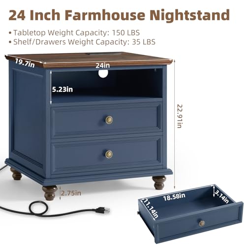 Joaxswe 24" Wide Farmhouse Nightstand with Charging Station, End Table with 2 Drawers, Blue Wood Dresser for Bedroom Cabinet, Bed Side Table Chest of Drawers, Night Stand for Living Room, Closet - color: Blue, size: 24"W (2 Drawers)