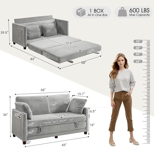 65" Loveseat Sleeper Sofa Bed, Corduroy Convertible Sofa Bed for Small Spaces, Folding Couch Bed with Deep Seat, 2 Pillows & Solid Frame, Pull Out Floor Couches for Living Room, Grey - color: Light Grey, size: 65" W