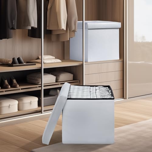 VECELO Storage Ottoman, Footrest Footstool, Folding Ottoman Small Square Cube Storage Chest for Living Room Utility Room Entryway, Holds up to 250 lb, 15 x 15 x 15 inches, White