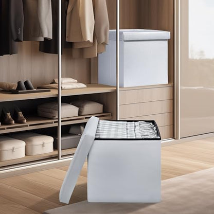 VECELO Storage Ottoman, Footrest Footstool, Folding Ottoman Small Square Cube Storage Chest for Living Room Utility Room Entryway, Holds up to 250 lb, 15 x 15 x 15 inches, White