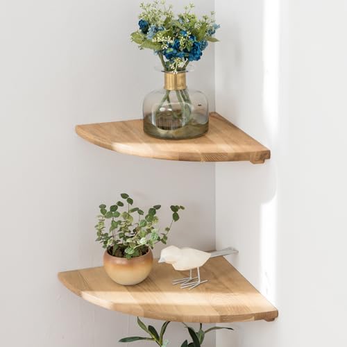 Corner Shelves, Floating Corner Shelf, Set of 2 7inch Solid Oak Wood Wall Shelves, Round End Wall Mount with Wire Hole Shelving for Small Plant for Bedroom Kitchen, Living Room - color: Oak, size: 7in 2P