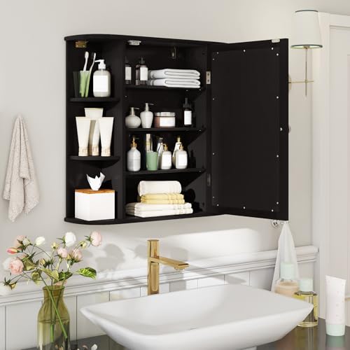 COSTWAY Medicine Cabinet with Mirror, Wall Mounted Bathroom Storage Cabinet | with Mirror Door and Adjustable Shelves, Space-Saving Storage Organizer for Living Room Kitchen Entryway (Black) - color: Black