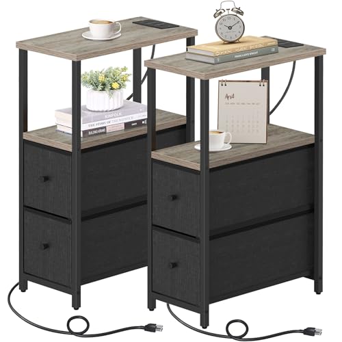 TUTOTAK Narrow End Table with Charging Station, Skinny Side Table | Bedside Table with Outlets, Nightstand with 2 Cloth Drawers, Couch Table for Living Room, Bedroom, Greige TB01BG055 - color: Greige, style: 2 Drawers & Plug