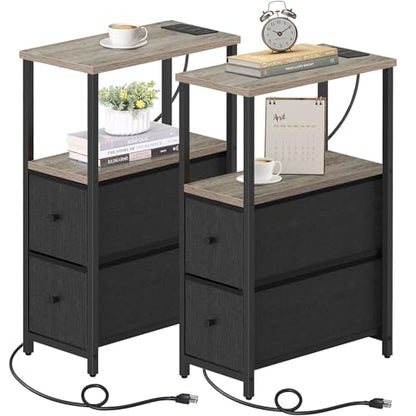 TUTOTAK Narrow End Table with Charging Station, Skinny Side Table | Bedside Table with Outlets, Nightstand with 2 Cloth Drawers, Couch Table for Living Room, Bedroom, Greige TB01BG055 - color: Greige, style: 2 Drawers & Plug