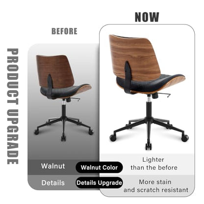 Home Office Chair No Arms with Wheels, Mid Back Walnut Style,Black-2 | Adjustable Height Small Desk Chair, PU Leather Mid Back 360 Swivel Computer Seating, Armless Walnut Office Chair, 300LBS - color: Black, size: MCM Style-2Pack