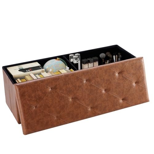 DUMOS 43 Inch Folding Storage Ottoman Bench, Large Ottoman with Storage | Storage Chest with Padded Seat, End of Bed Foot Rest Stool for Bedroom Living Room, Load 660 lbs, Synthetic Leather, Brown - color: Brown, size: 15"D x 43"W x 15"H