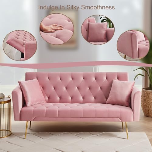 Anwick 72''Modern Velvet Sofa Bed Futon,Convertible Folding Sleeper Couches with 3 Adjustable Backrests,Tufted Recliner Loveseat with Golden Chrome Legs for Living Room Apartment Office (Pink) - color: Pink+pillows