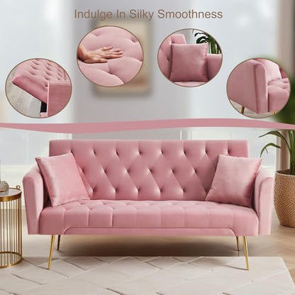 Anwick 72''Modern Velvet Sofa Bed Futon,Convertible Folding Sleeper Couches with 3 Adjustable Backrests,Tufted Recliner Loveseat with Golden Chrome Legs for Living Room Apartment Office (Pink) - color: Pink+pillows
