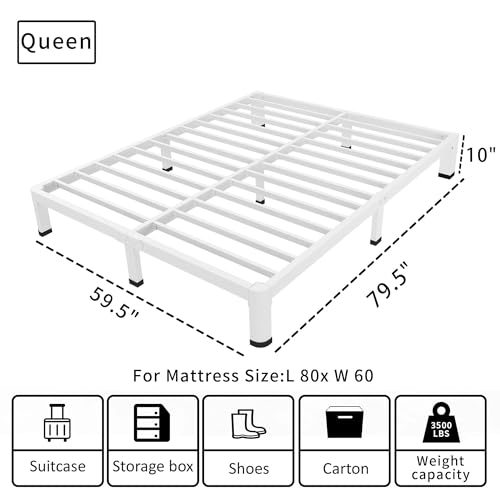 ROIL 10 Inch White Queen Bed Frame Low Profile Rounded Corner | Easy Assembly, Noise Free, 3500LBS Load Capacity, 4 Mattress Baffles, Heavy Duty Steel, No Box Spring Needed, Rubber Pads - size: Queen, style: 10 Inch White