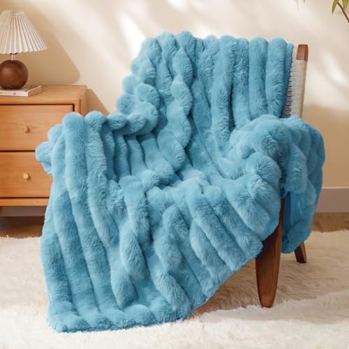 BEDELITE Faux Fur Throw Blanket for Couch, 770GSM, 50" x 60", Light Blue | Soft and Cozy Luxurious 3D Striped Fluffy Blanket, Warm Plush Fuzzy Faux Rabbit Fur for Women Gift, Stylish Room Decor - color: Light Blue, size: Throw(50"x60")